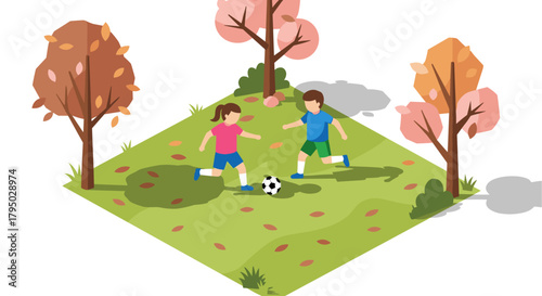 Children playing soccer in autumn park with colorful trees and shadows in isometric design