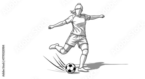 Female soccer player in mid-kick action in black and white sketch style
