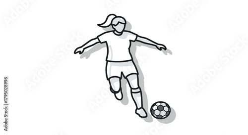 Female soccer player in action: dynamic black and white outline with shadow