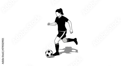 Silhouette of female soccer player dribbling a ball in motion