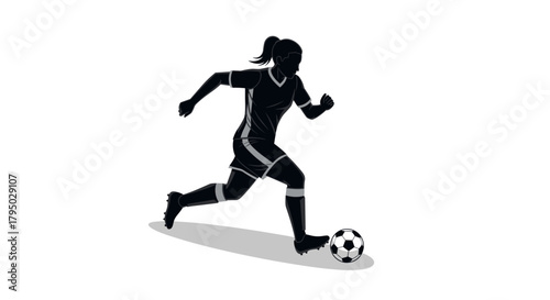 Female soccer player silhouette in motion with soccer ball on white background