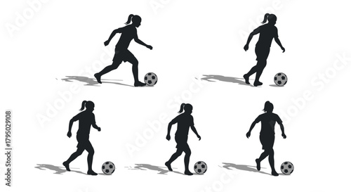 Dynamic female soccer player silhouettes in action poses with ball on white background