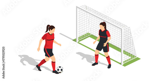 Isometric female soccer players training on field with goal post in red and black uniforms