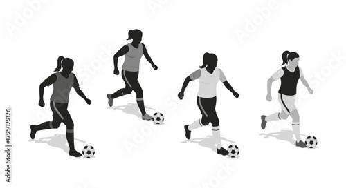 Group of female soccer players in dynamic grayscale motion on white