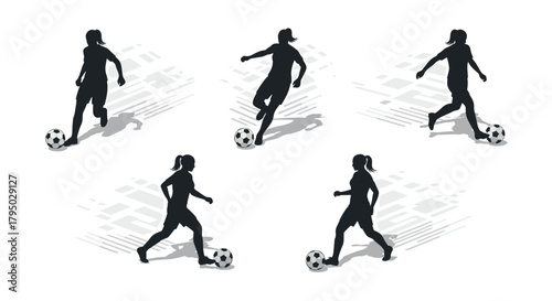 Dynamic soccer player silhouettes in action with abstract backgrounds