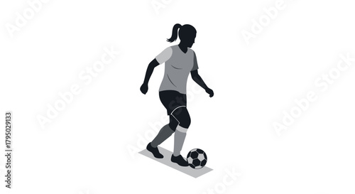 Female soccer player silhouette dribbling a ball against a white background
