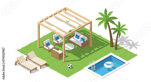 Scenic outdoor patio with pergola and poolside lounge chairs in isometric style