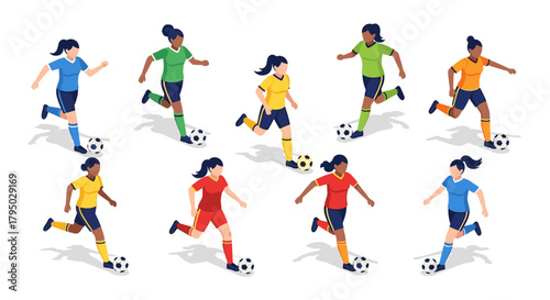 Diverse soccer players dribbling sequence in isometric style