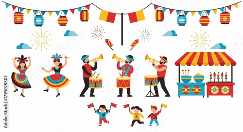 Vibrant festival celebration elements: dancing figures, musicians, food stall, festive lanterns, flags, fireworks.