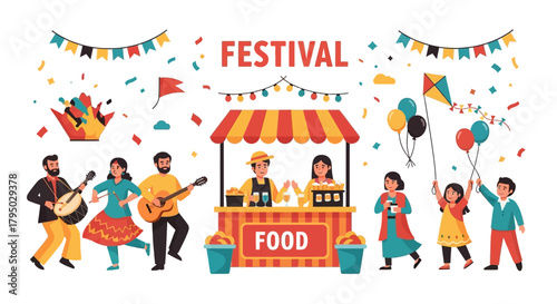 Vibrant Festival Celebration with Musicians, Food Stall, and Joyful Children in Flat Design