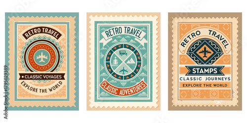 Retro travel stamp collection with old airplanes, trains, and postcards, distressed texture, warm sepia tones, classic style illustration