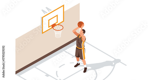 Isometric basketball player shooting hoops on outdoor court