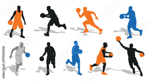 Dynamic basketball players in action silhouettes with vibrant color accents