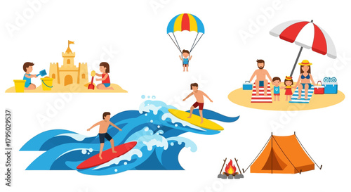 Vibrant flat design illustrations depicting various summer beach and outdoor activities: surfing, sandcastle, parasailing, camping, family beach day.