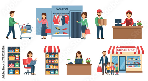 Vibrant flat design illustrations depicting diverse shopping experiences and retail store activities.