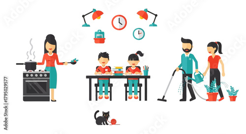 Vibrant Flat Design Illustrations of Family Daily Life, Household Chores, and Leisure Activities