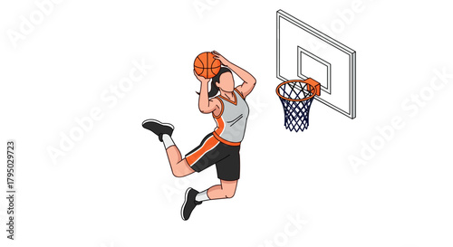 Dynamic isometric basketball player dunking in mid-air near hoop