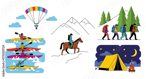 Vibrant Flat Design Vector Illustrations of Diverse Outdoor Adventure Activities