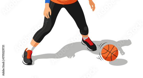 Person dribbling basketball with shadow on white background