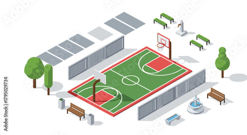Isometric basketball court with park elements and benches
