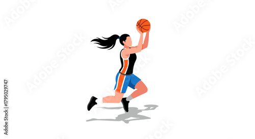 Dynamic basketball player in midair jump with ball and shadow