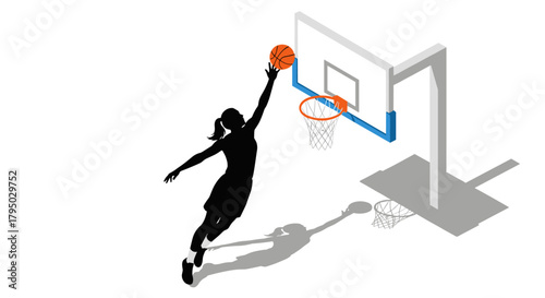 Silhouette of female basketball player dunking in action on court
