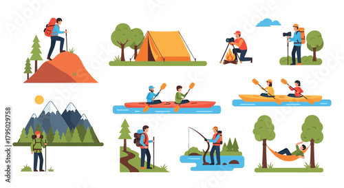 Vibrant flat design vector illustrations of people enjoying diverse outdoor adventure activities in nature.