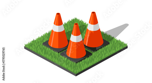 Isometric traffic cones on grass patch with shadow