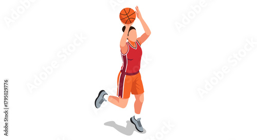 Female basketball player in dynamic jump shot pose in flat style