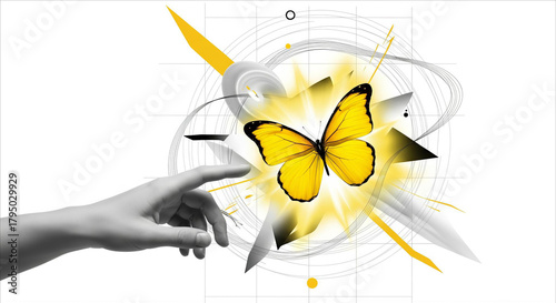 Human touch inspiring a vibrant butterfly transformation