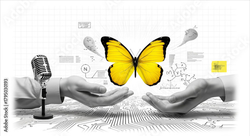 Butterfly transformation emerging from scientific concepts and a microphone