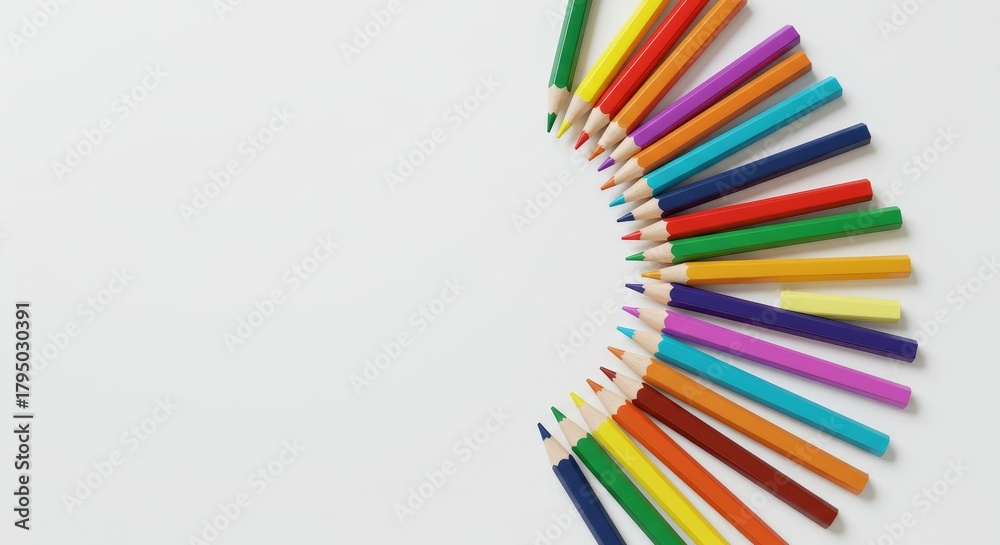 Fototapeta premium Colorful pencils arranged in a semi-circle on a white background. Creative school supply layout for art and education concept. copy space