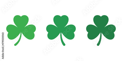 Set of Three-Leaf Clovers (Shamrocks) in Different Shades of Green, Vector Illustration on White Background