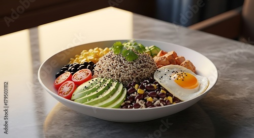 Colorful and Healthy Grain Bowl with Egg and Avocado.