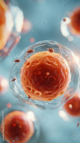Microscopic view of biological cells floating in fluid and light blue background