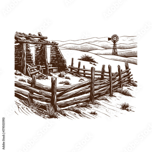Sketch of an old abandoned farm with a windmill