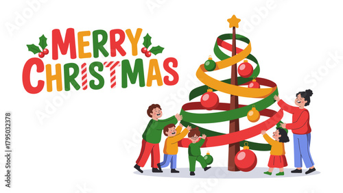 Festive Family Decorating the Christmas Tree: A joyous scene unfolds as a family collaboratively decorates a Christmas tree, embodying the spirit of the holiday with ribbons, ornaments.