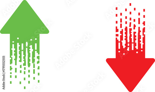 Vector of up and down arrows in green and red, symbolizing growth, decline, finance, business trends, success, failure, and digital data visualization.
