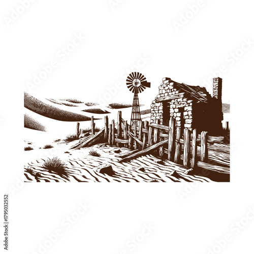 Old abandoned stone homestead with windmill