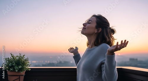 Woman enjoying a peaceful moment at sunrise with arms outstretched.