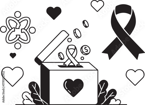 Charity donation box with hearts ribbons and coins in black and white giving money