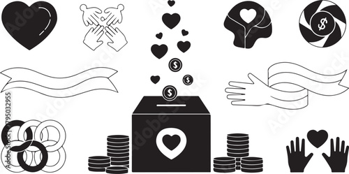 Charity donation icons with hearts coins and hands giving