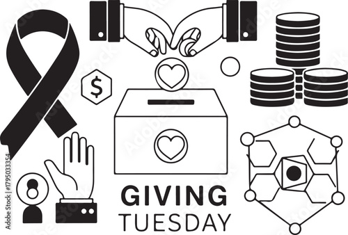 Giving Tuesday Charity Icons with Hands and Donation Box fundraising