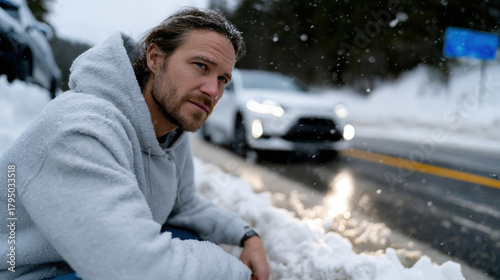 Fototapeta Naklejka Na Ścianę i Meble -  A contemplative man in a gray hoodie sits beside a snowy road, with a blurred car approaching, highlighting solitude and introspection in a cold winter landscape.