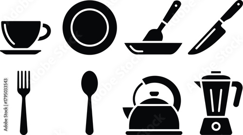 Black Kitchen and Cooking Icons Set – Cup, Plate, Spoon, Fork, Knife, Frying Pan, Kettle, and Blender Tools