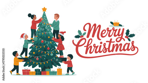 Christmas tree decoration: A group of children eagerly decorate a Christmas tree, adding ornaments and joy to the holiday spirit. Capturing the warm tradition of togetherness.