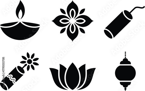 Black Diwali Icons Set – Diya Lamp, Mandala, Firecracker, Lotus Flower, and Hanging Lantern Festive Symbols