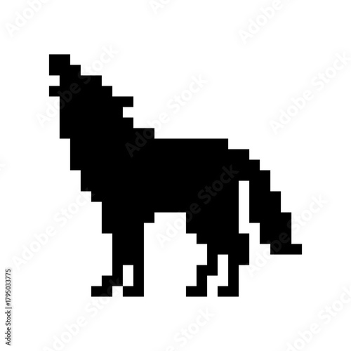 Black and white pixel art wolf silhouette. wild animal cartoon. retro style.