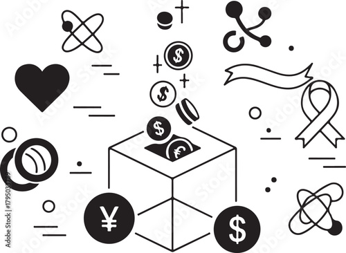 Giving Tuesday concept with donation box and currency symbols charity fundraising