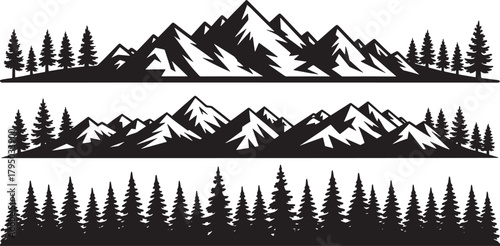 Mountains silhouettes on isolated background. set of hand drawn landscape mountain with silhouette pine trees. - Vector